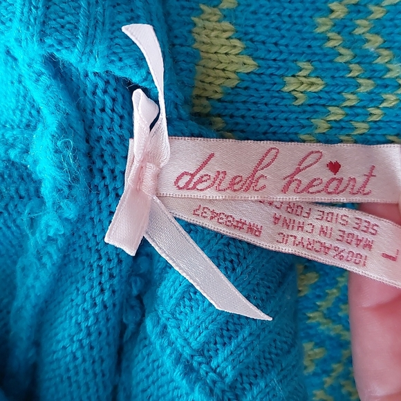 Fair Isle Knit Skull Derek Heart Blue Green Hoodie Sweater L Large Y2K - Picture 3 of 8